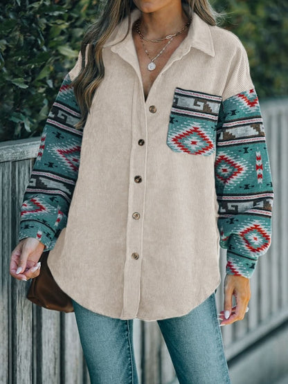 Perfee Pocketed Geometric Collared Neck Shacket - Love Salve 