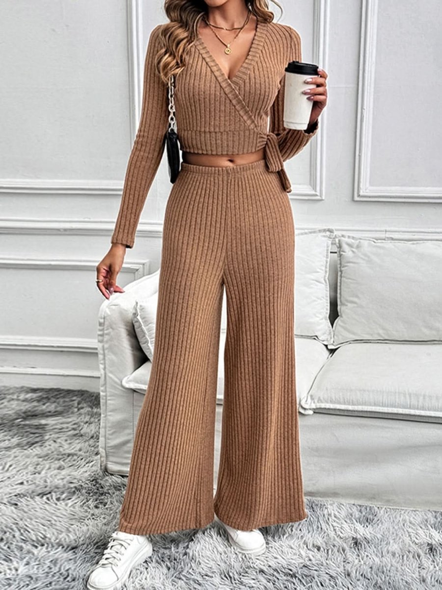 Perfee Surplice Long Sleeve Top and Pants Set - Love Salve 
