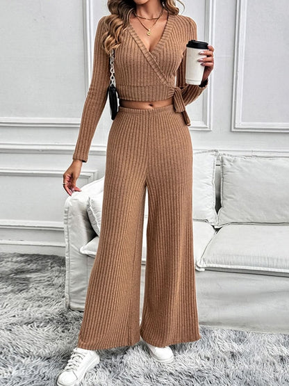 Perfee Surplice Long Sleeve Top and Pants Set - Love Salve 