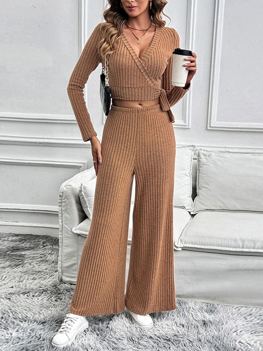 Perfee Surplice Long Sleeve Top and Pants Set - Love Salve 