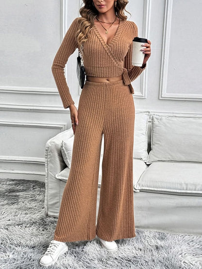 Perfee Surplice Long Sleeve Top and Pants Set - Love Salve 