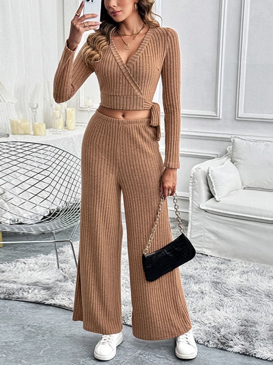 Perfee Surplice Long Sleeve Top and Pants Set - Love Salve 
