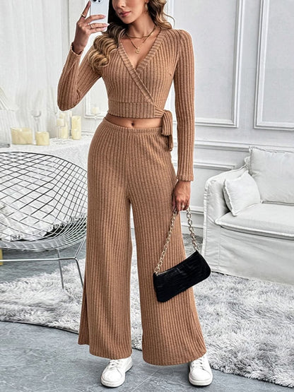 Perfee Surplice Long Sleeve Top and Pants Set - Love Salve 