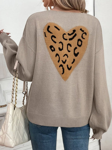 Perfee Tied Contrast Heart V-Neck Long Sleeve Cardigan - Love Salve 