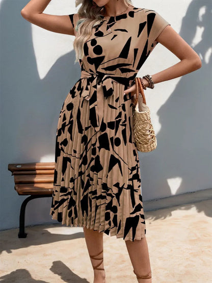 Perfee Tied Pleated Printed Cap Sleeve Dress for Women - Love Salve 