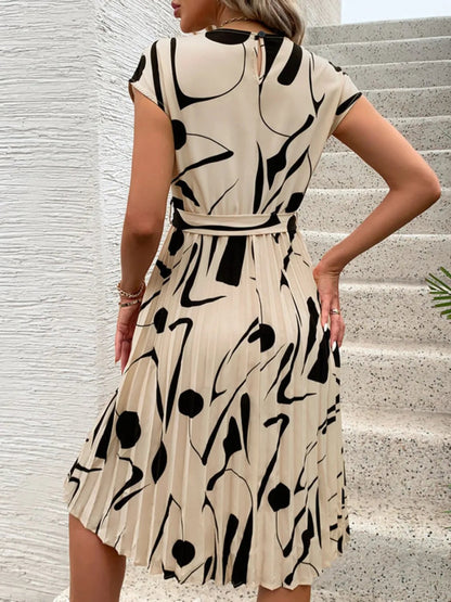 Perfee Tied Pleated Printed Cap Sleeve Dress for Women - Love Salve 
