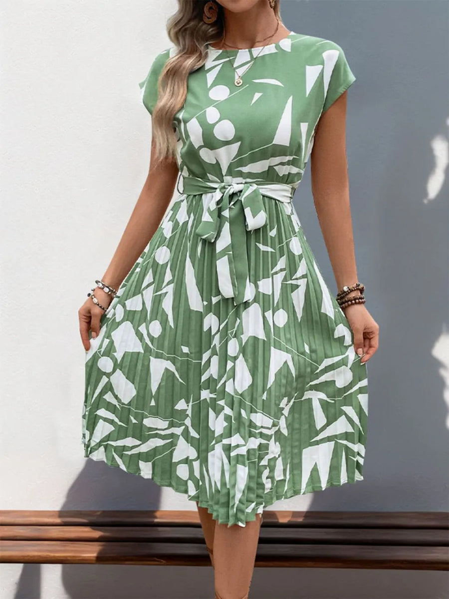 Perfee Tied Pleated Printed Cap Sleeve Dress for Women - Love Salve 