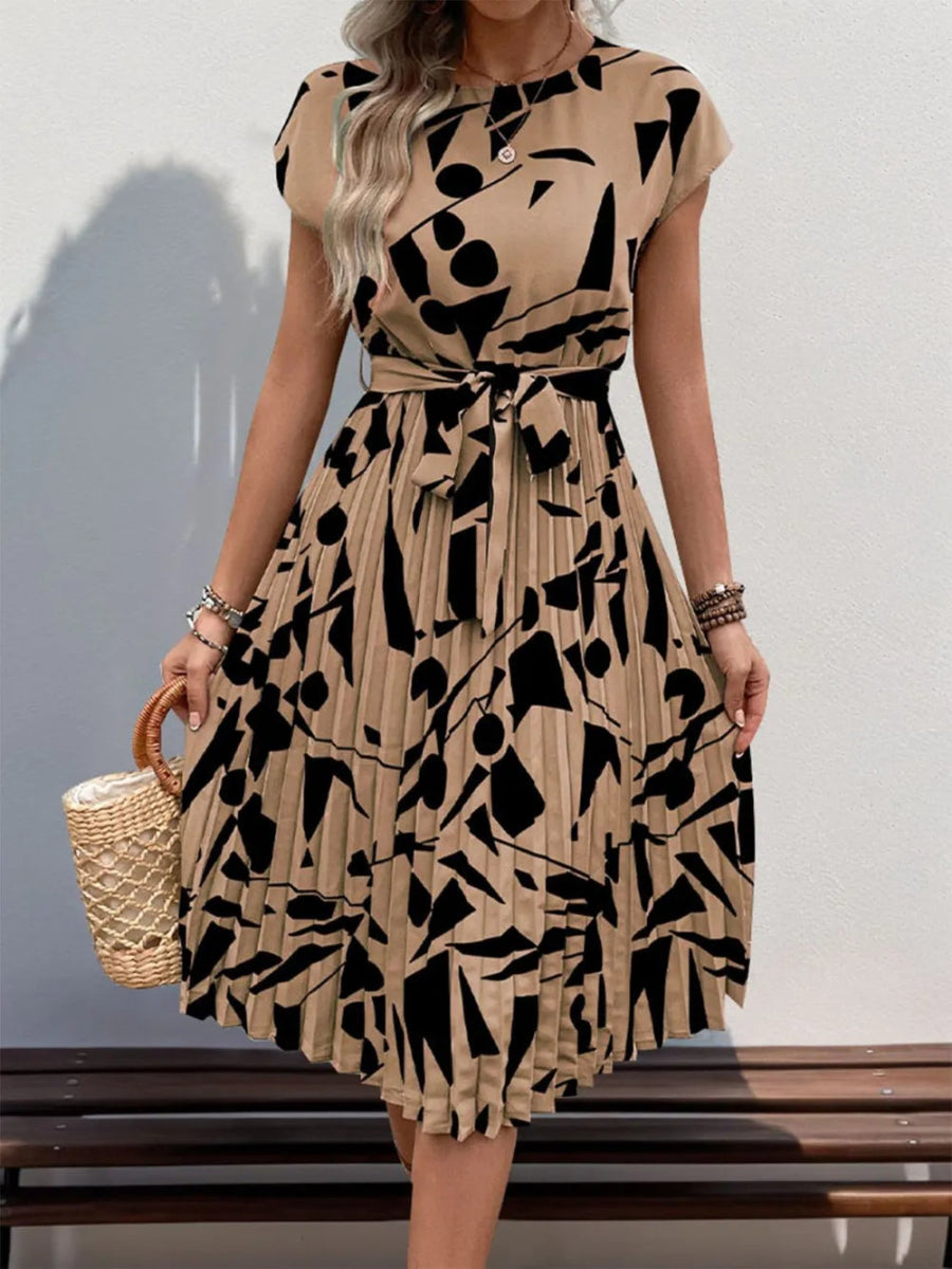 Perfee Tied Pleated Printed Cap Sleeve Dress for Women - Love Salve 