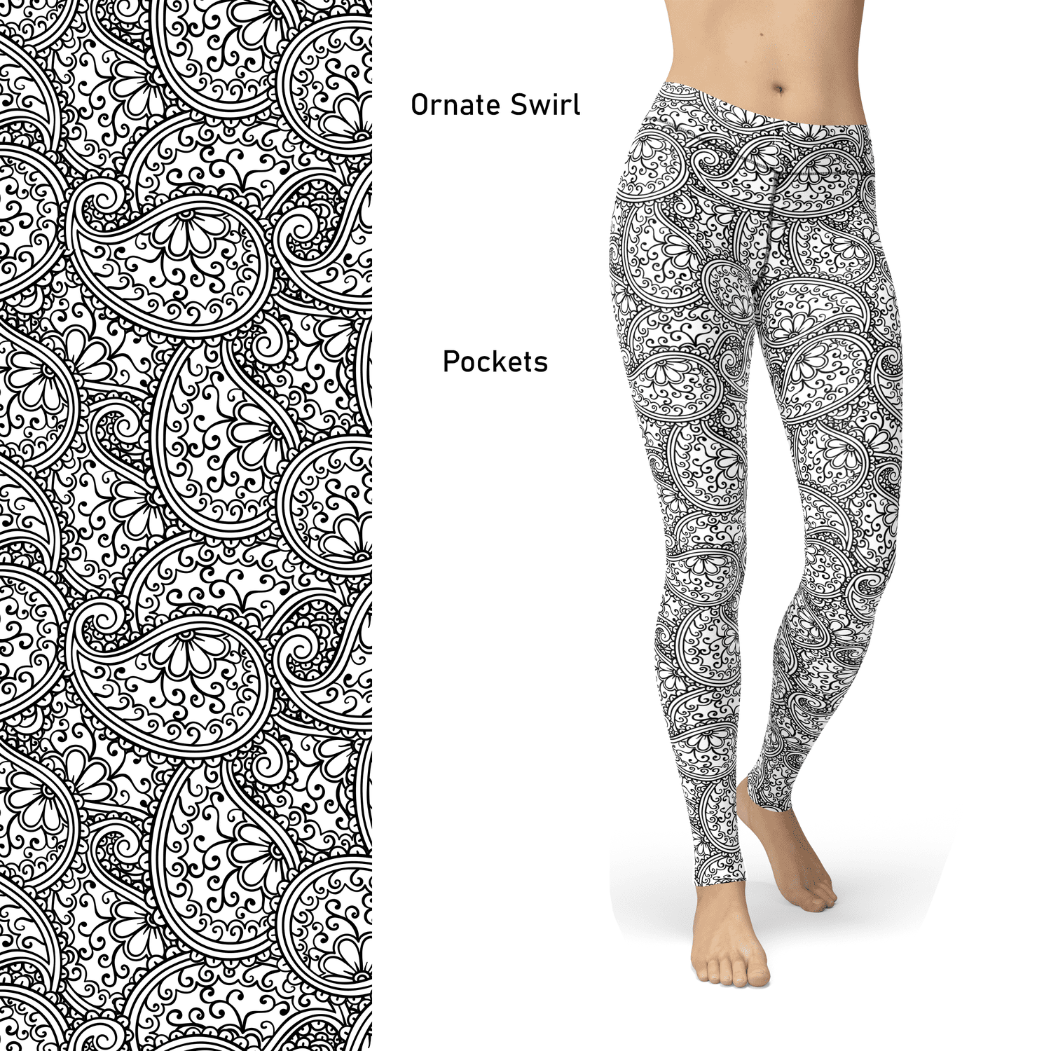 Black White Ornate Paisley Color Book  Leggings MM