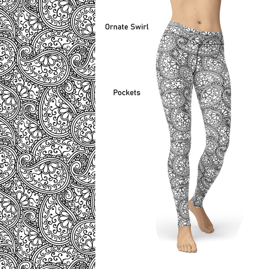 Black White Ornate Paisley Color Book  Leggings MM