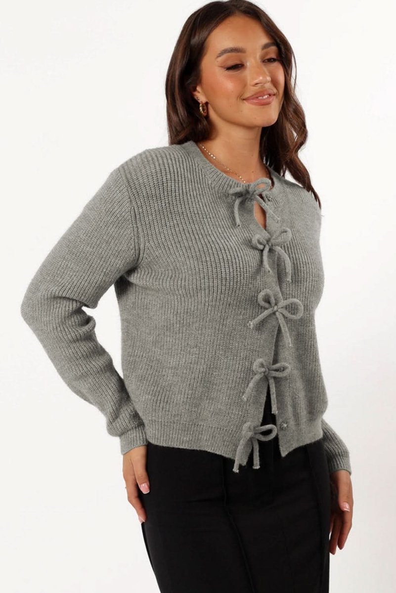 Philippine Gray Ribbed Knit Bow Front Buttoned Cardigan - Love Salve 