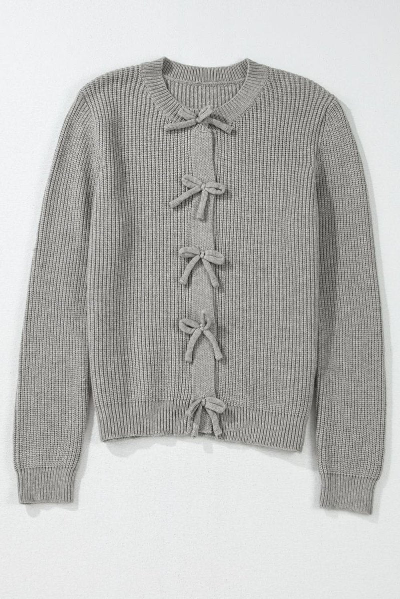 Philippine Gray Ribbed Knit Bow Front Buttoned Cardigan - Love Salve 