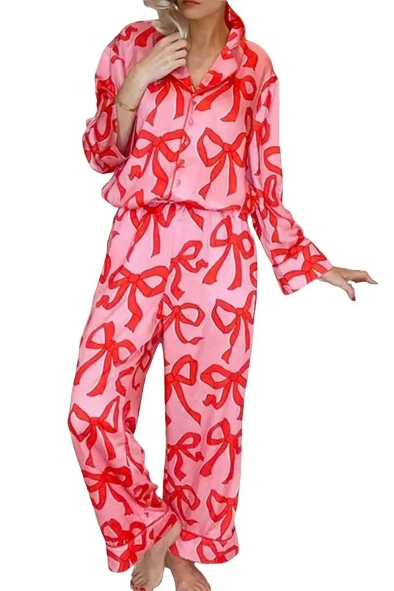 Pink 2pcs Bow Print Shirt Style Long Sleeve Pajama Set - Love Salve 