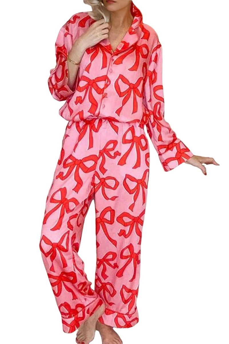 Pink 2pcs Bow Print Shirt Style Long Sleeve Pajama Set - Love Salve 