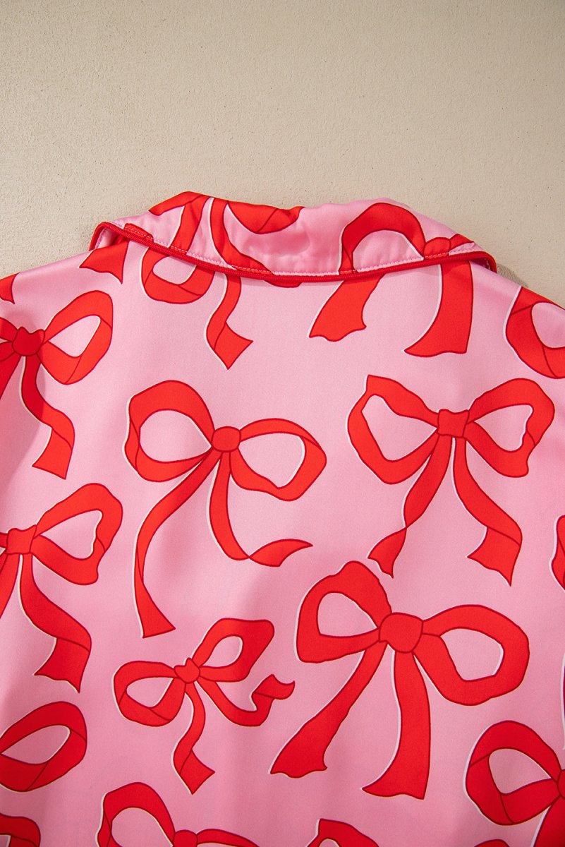 Pink 2pcs Bow Print Shirt Style Long Sleeve Pajama Set - Love Salve 