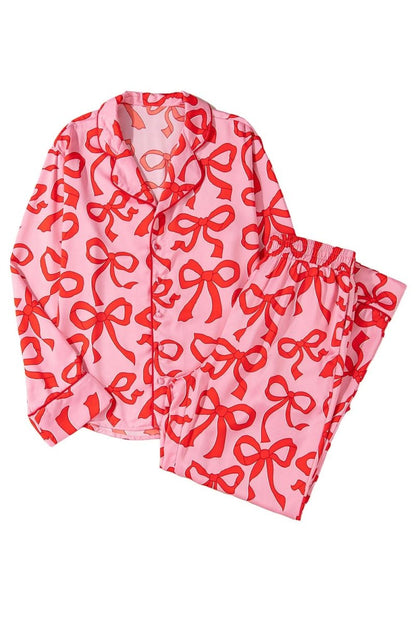 Pink 2pcs Bow Print Shirt Style Long Sleeve Pajama Set - Love Salve 