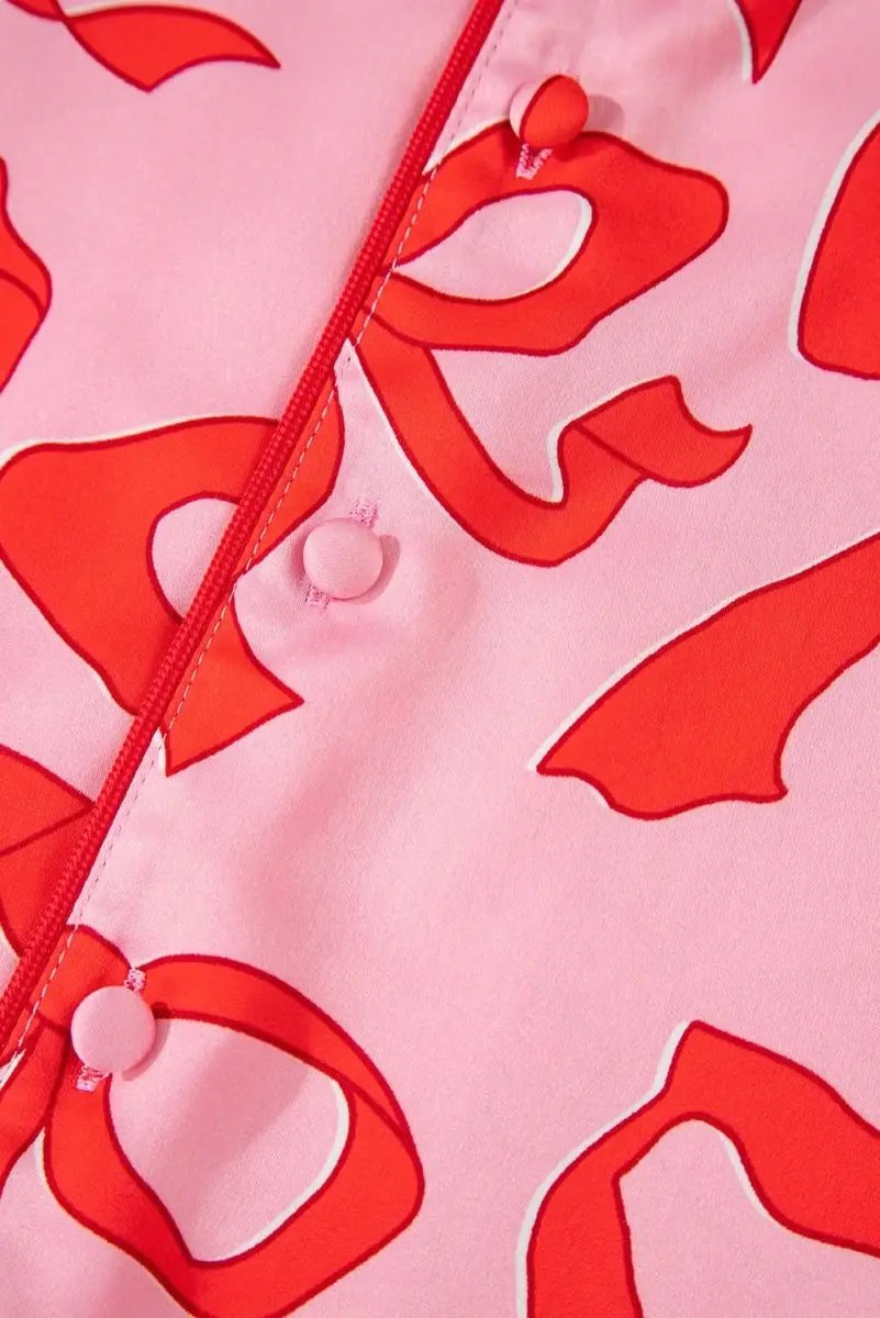 Pink 2pcs Bow Print Shirt Style Long Sleeve Pajama Set - Love Salve 