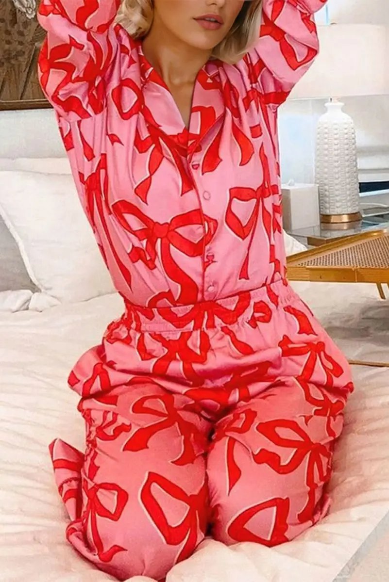 Pink 2pcs Bow Print Shirt Style Long Sleeve Pajama Set - Love Salve 