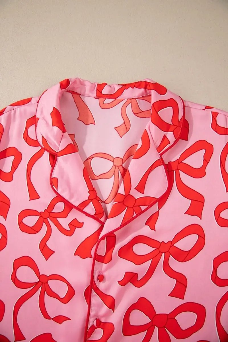 Pink 2pcs Bow Print Shirt Style Long Sleeve Pajama Set - Love Salve 