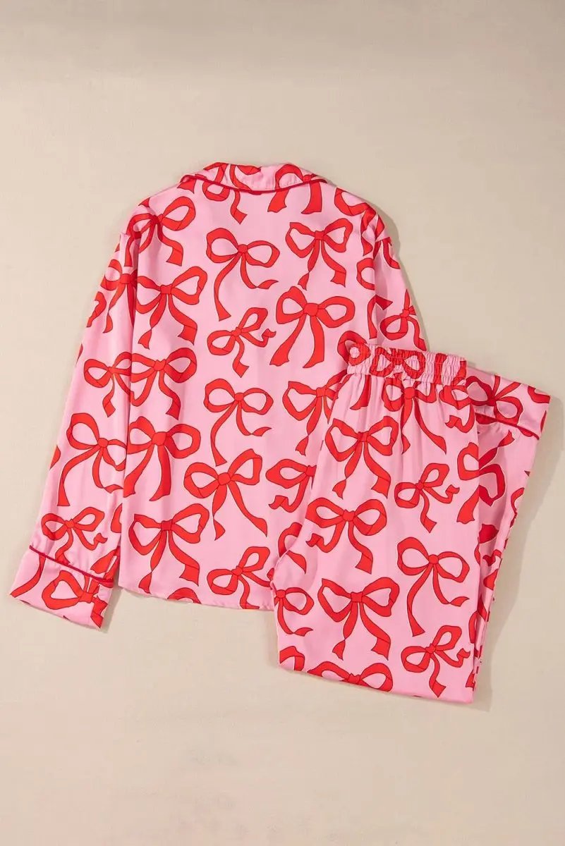 Pink 2pcs Bow Print Shirt Style Long Sleeve Pajama Set - Love Salve 