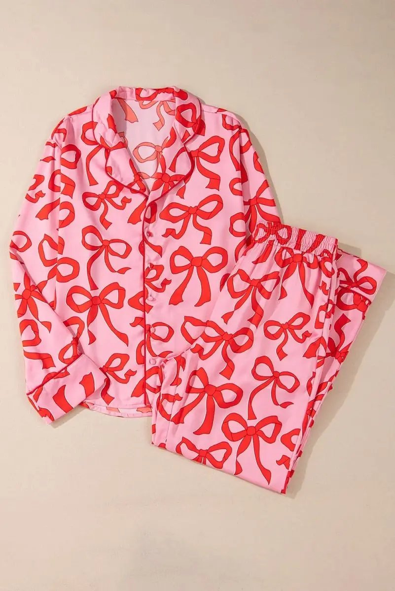 Pink 2pcs Bow Print Shirt Style Long Sleeve Pajama Set - Love Salve 