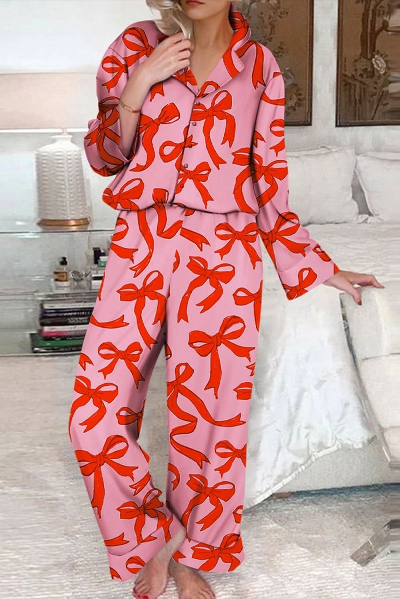 Pink 2pcs Bow Print Shirt Style Long Sleeve Pajama Set - Love Salve 
