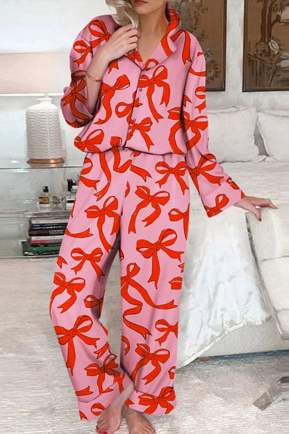 Pink 2pcs Bow Print Shirt Style Long Sleeve Pajama Set - Love Salve 