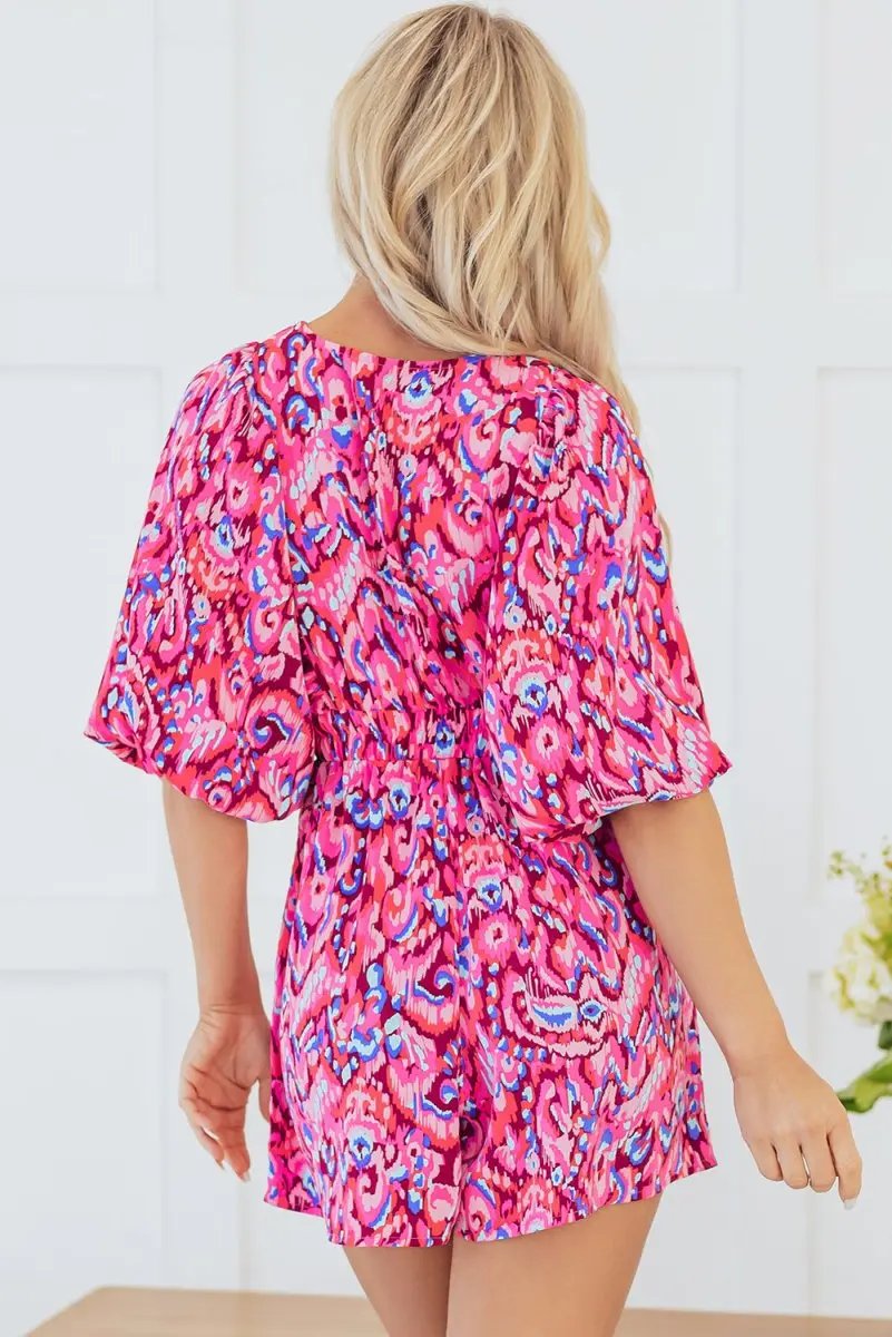 Pink Abstract Print Puff Sleeve V Neck High Waist Romper - Love Salve 