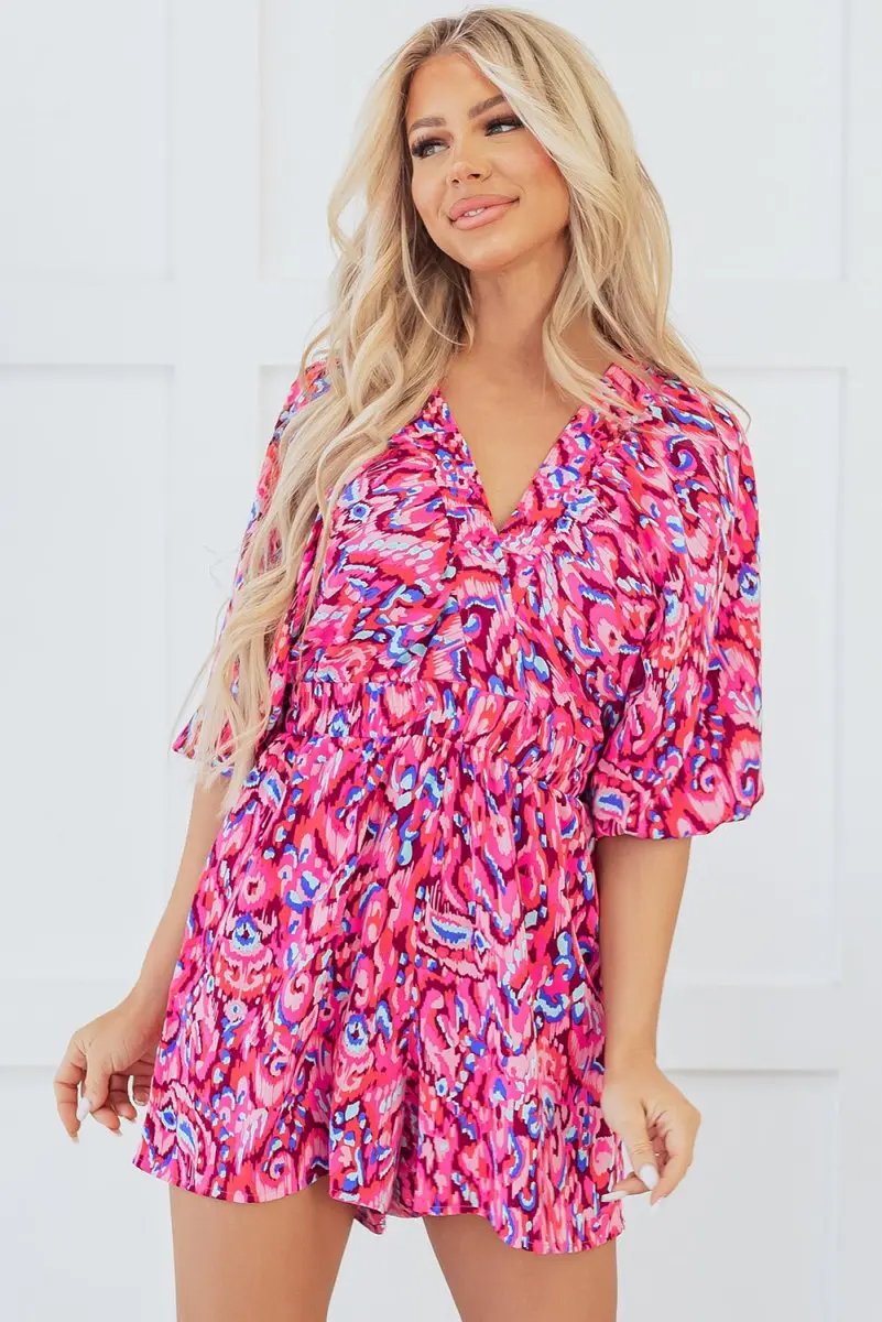 Pink Abstract Print Puff Sleeve V Neck High Waist Romper - Love Salve 