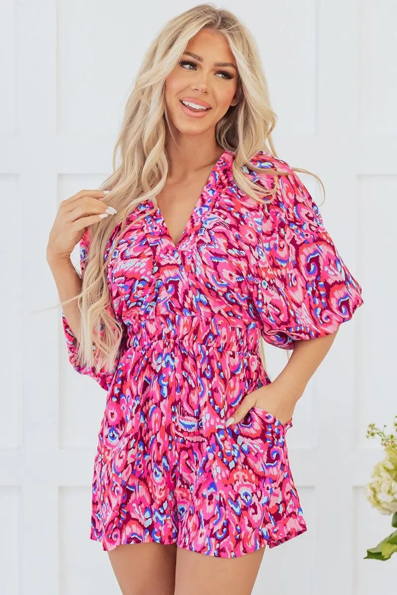 Pink Abstract Print Puff Sleeve V Neck High Waist Romper - Love Salve 