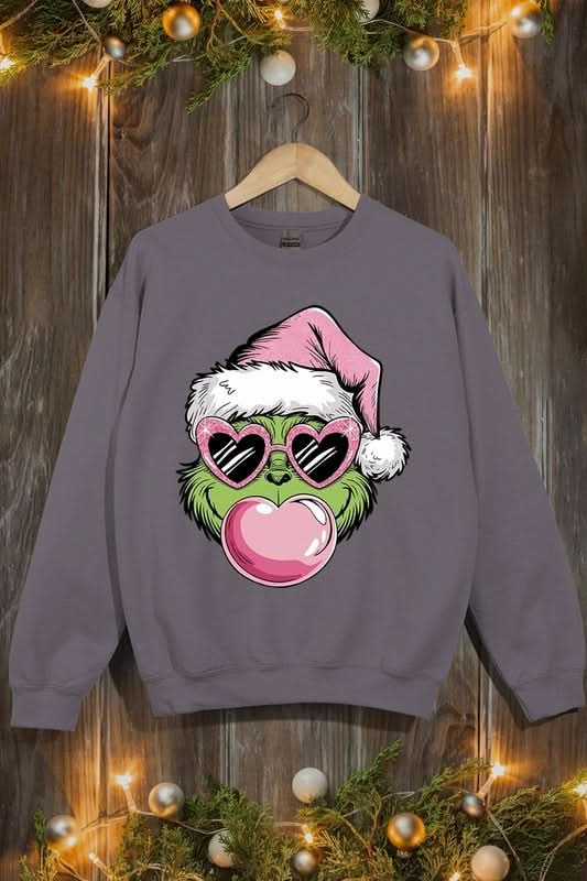Pink Blowing Bubble Grinch Graphic Sweatshirts - Love Salve