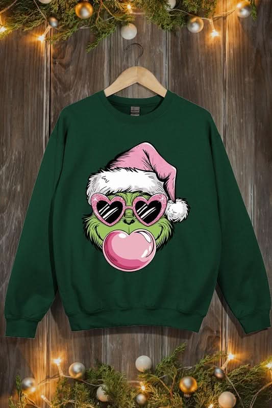 Pink Blowing Bubble Grinch Graphic Sweatshirts - Love Salve