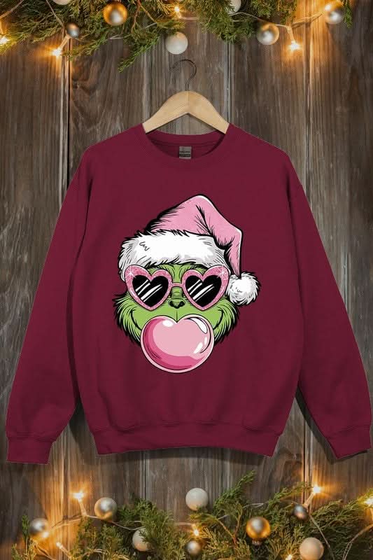 Pink Blowing Bubble Grinch Graphic Sweatshirts - Love Salve 