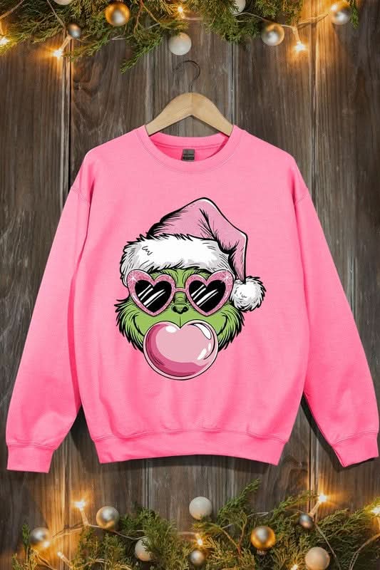 Pink Blowing Bubble Grinch Graphic Sweatshirts - Love Salve 