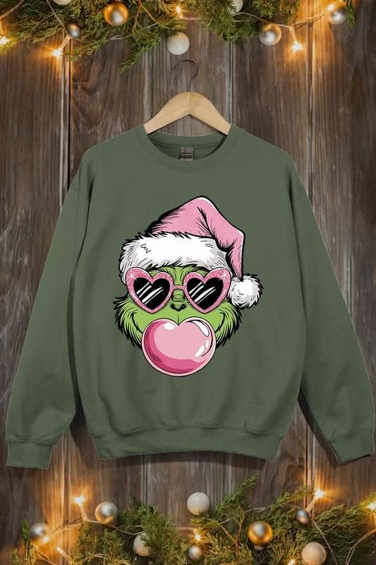 Pink Blowing Bubble Grinch Graphic Sweatshirts - Love Salve