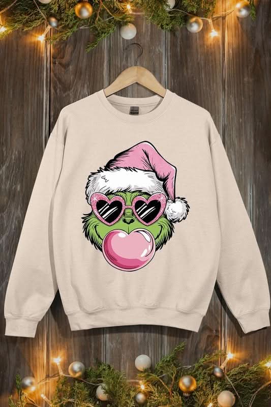 Pink Blowing Bubble Grinch Graphic Sweatshirts - Love Salve 