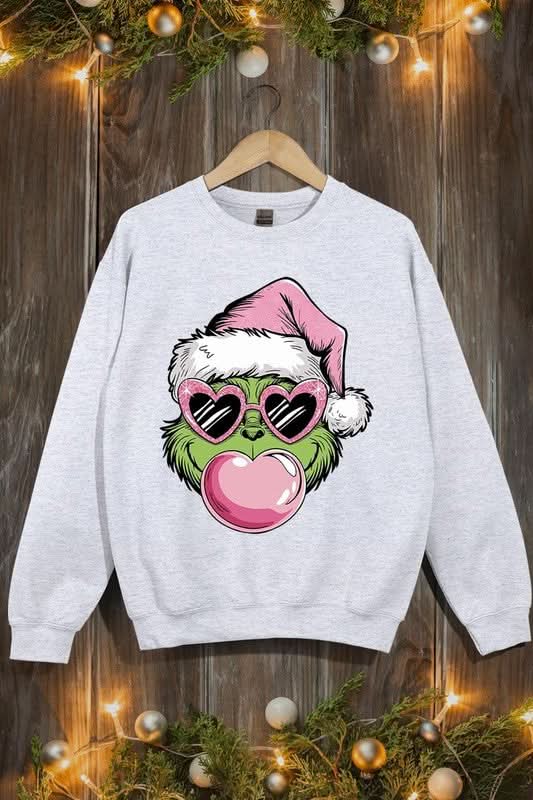 Pink Blowing Bubble Grinch Graphic Sweatshirts - Love Salve