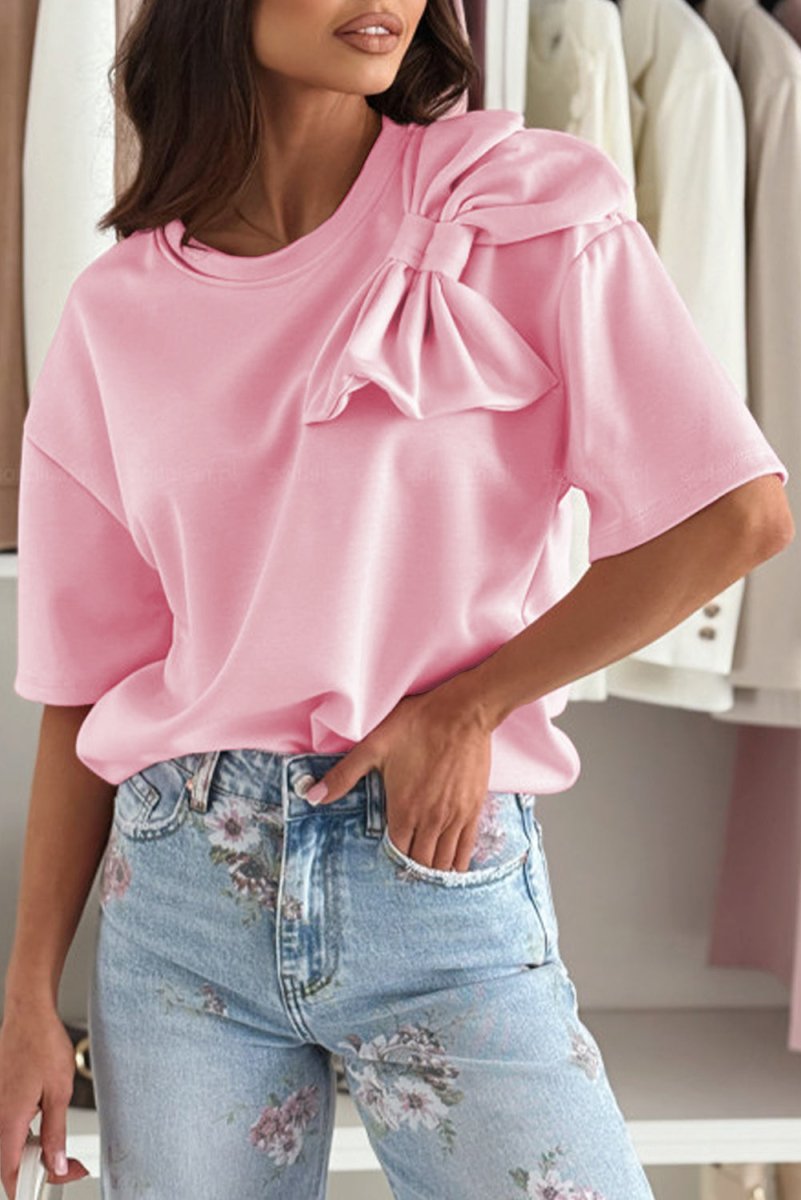 Pink Bow Applique Half Sleeve T-shirt for Stylish Looks - Love Salve 