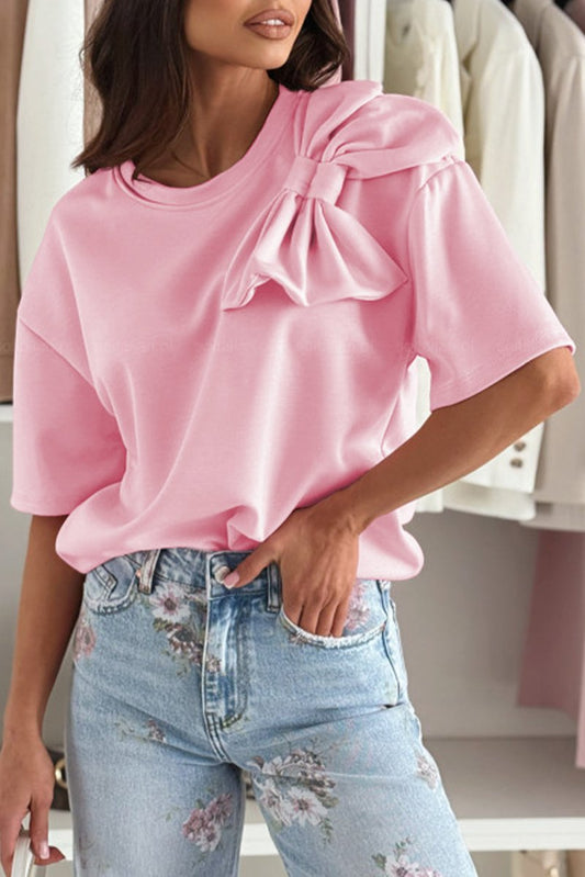 Pink Bow Applique Half Sleeve T-shirt for Stylish Looks - Love Salve 