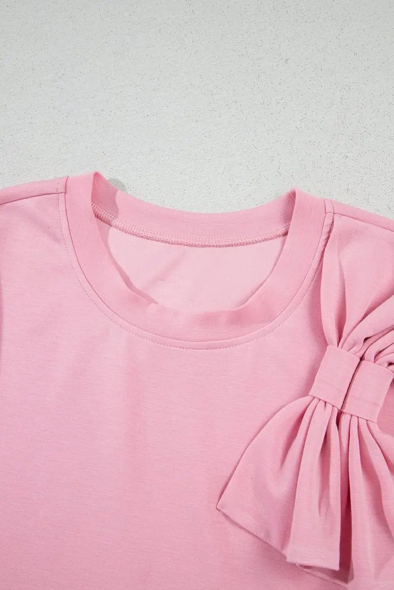 Pink Bow Applique Half Sleeve T-shirt for Stylish Looks - Love Salve 