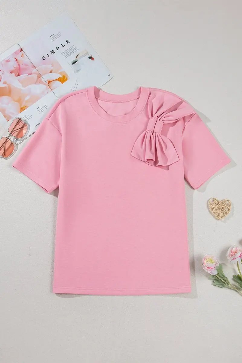 Pink Bow Applique Half Sleeve T-shirt for Stylish Looks - Love Salve 