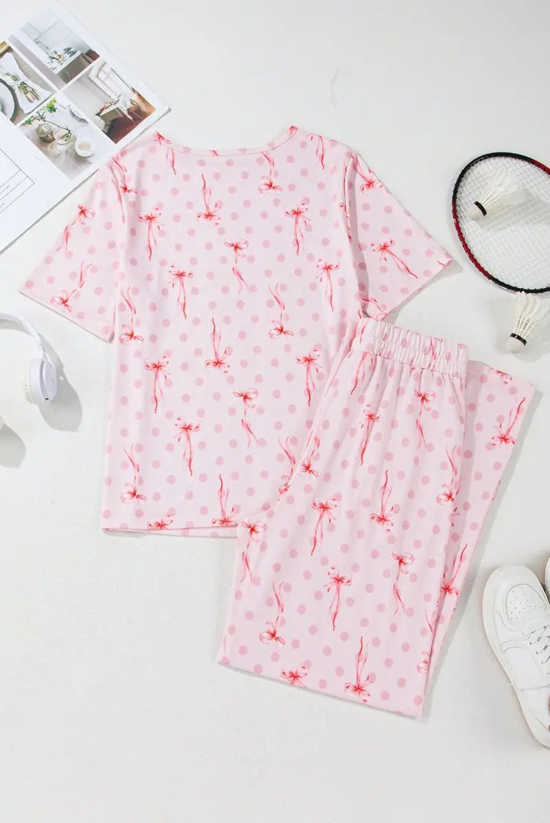 Pink Bow Knot Polka Dot Print Short Sleeve Top Lounge Set - Love Salve 