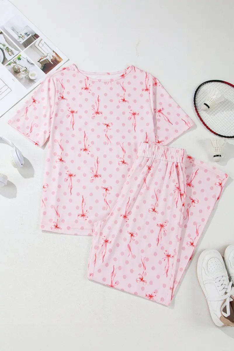 Pink Bow Knot Polka Dot Print Short Sleeve Top Lounge Set - Love Salve 