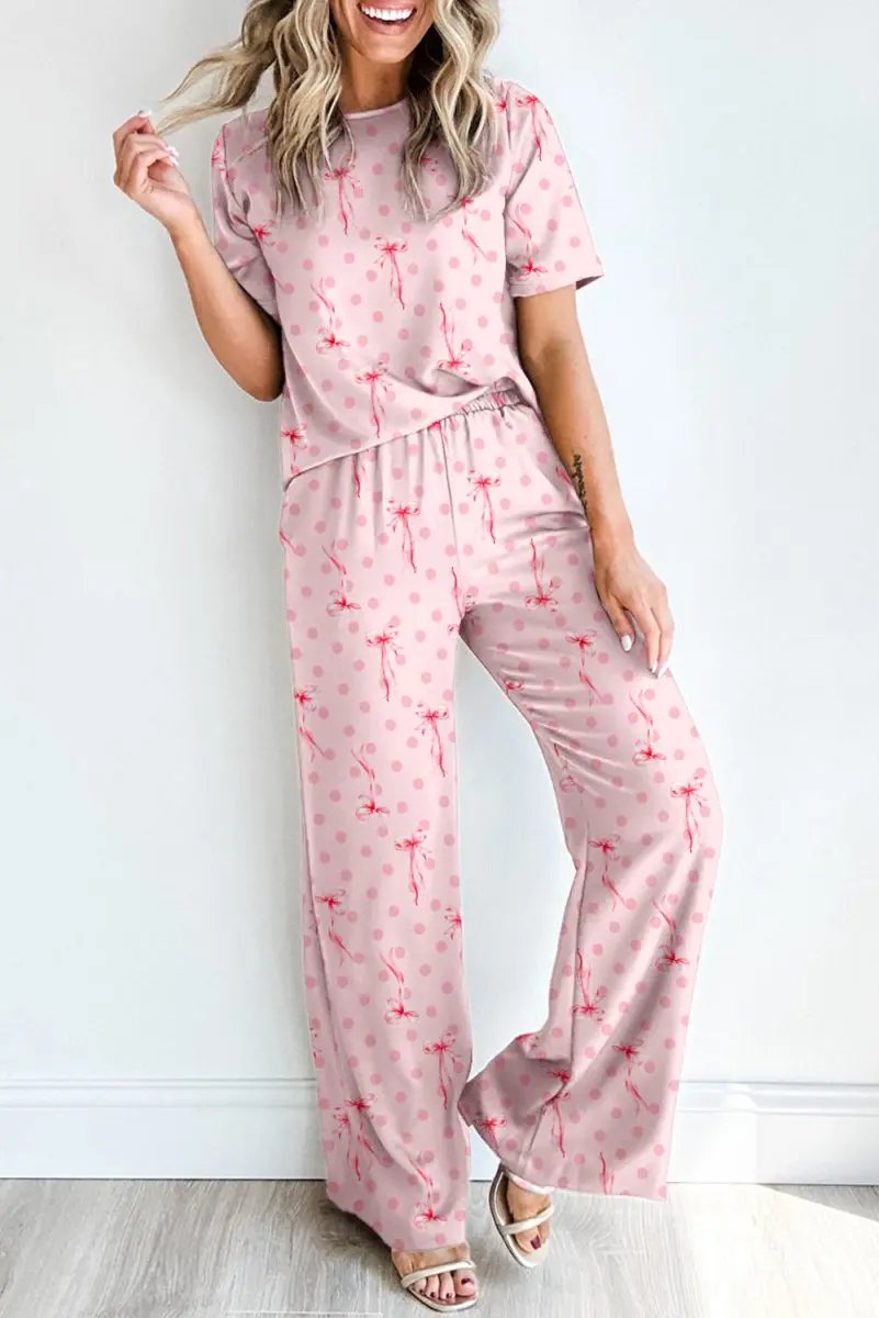 Pink Bow Knot Polka Dot Print Short Sleeve Top Lounge Set - Love Salve 