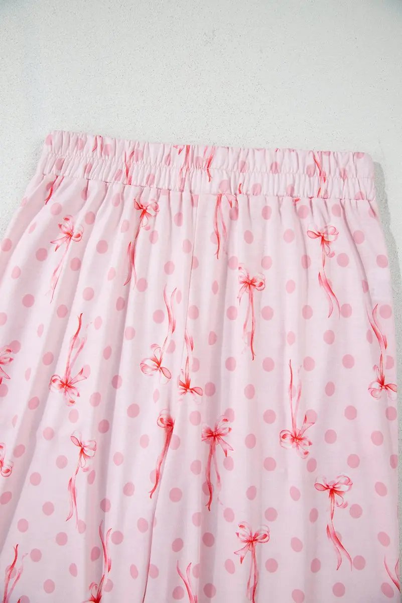 Pink Bow Knot Polka Dot Print Short Sleeve Top Lounge Set - Love Salve 