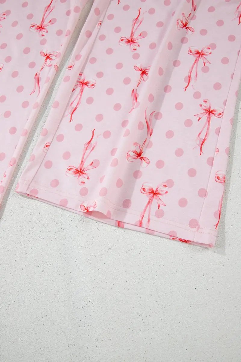 Pink Bow Knot Polka Dot Print Short Sleeve Top Lounge Set - Love Salve 