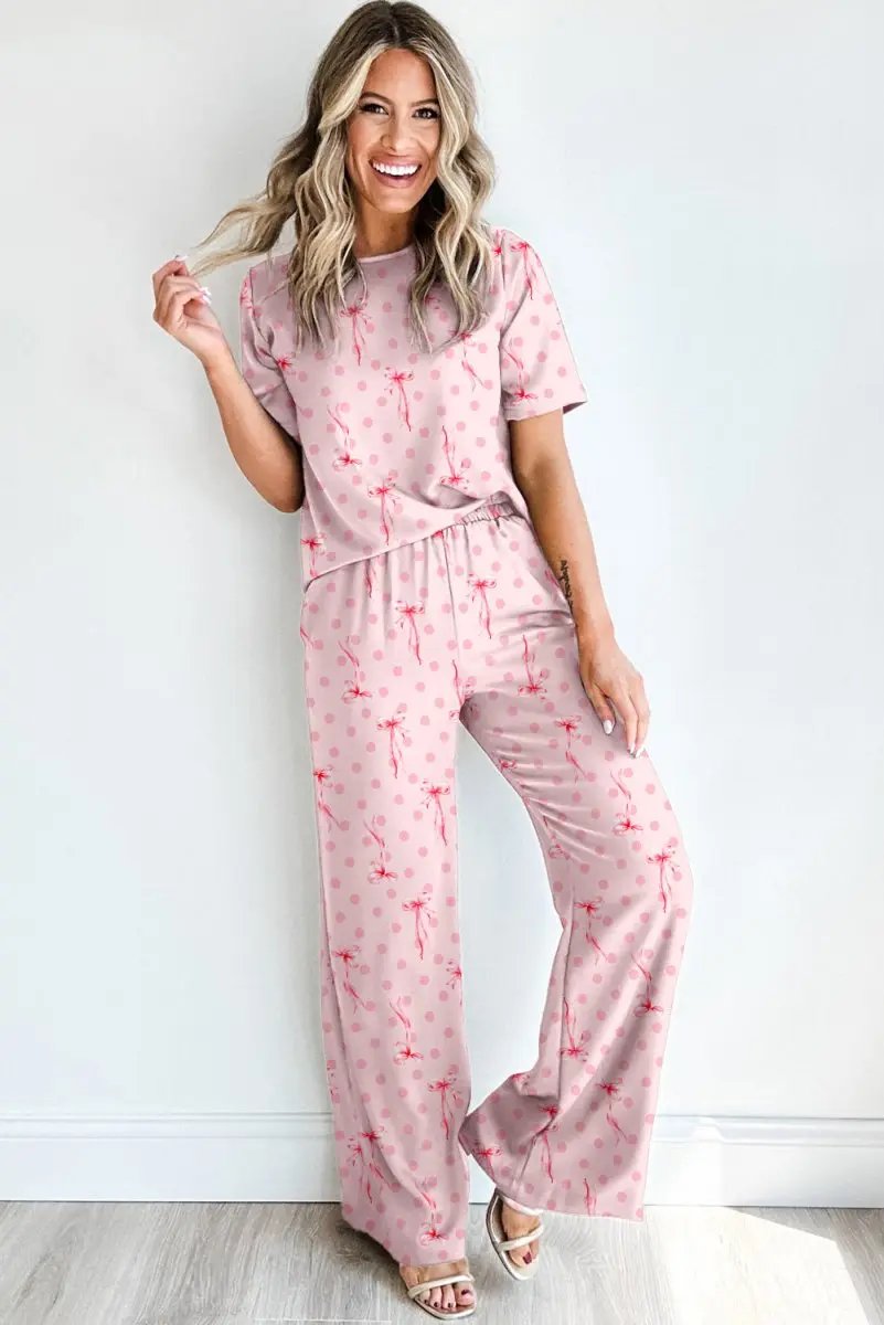 Pink Bow Knot Polka Dot Print Short Sleeve Top Lounge Set - Love Salve 