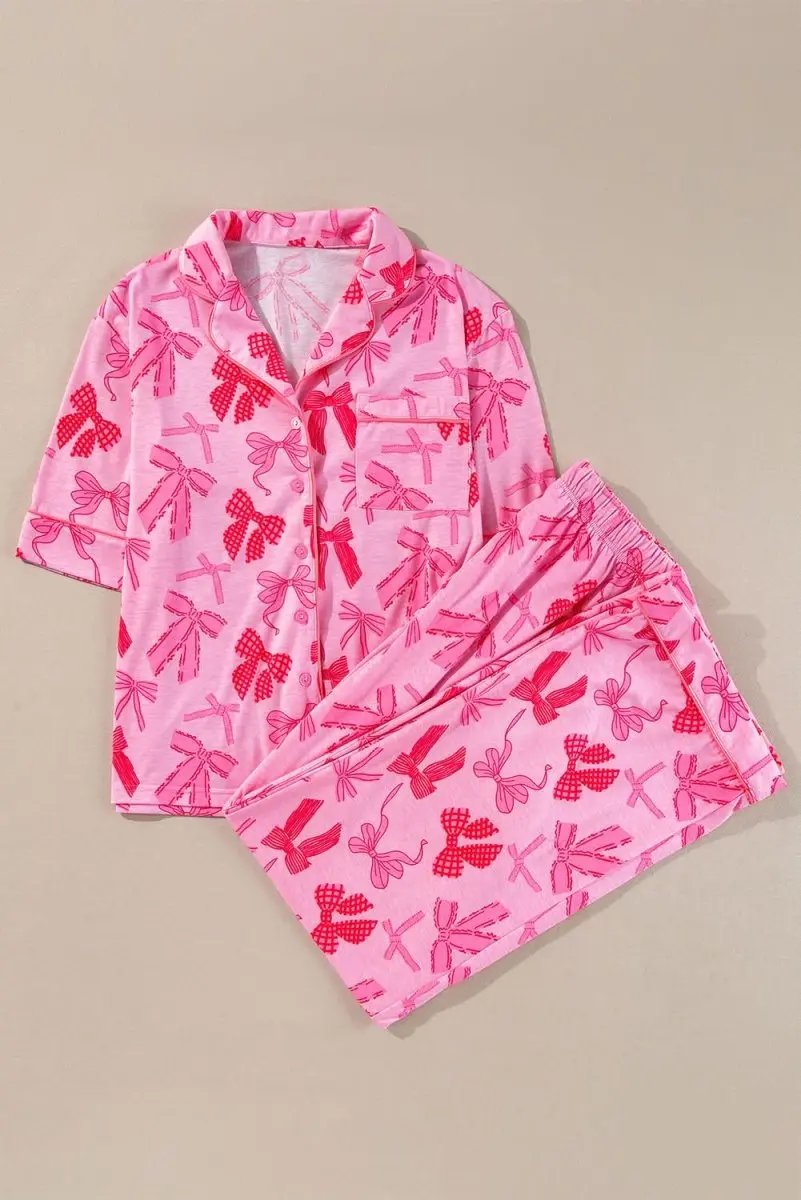 Pink Bow Knot Print Lapel Collar Short Sleeve and Pants Pajamas Set - Love Salve 