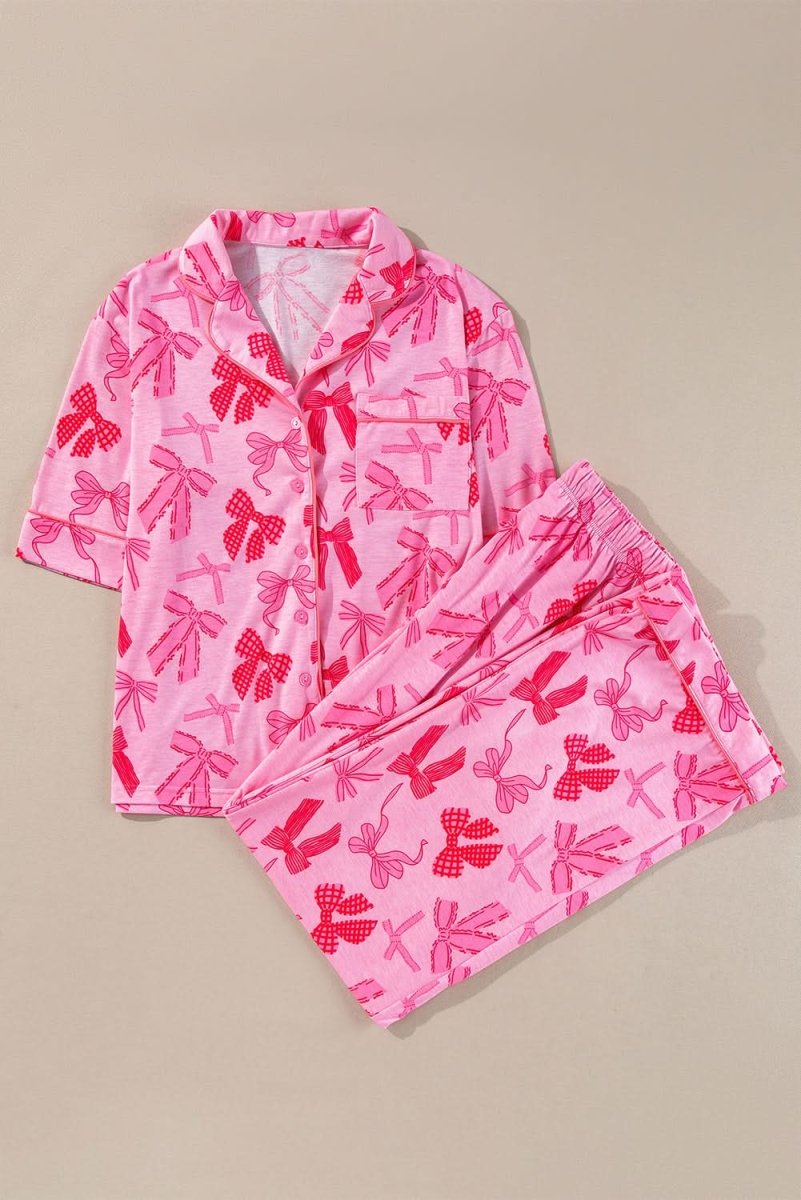 Pink Bow Knot Print Lapel Collar Short Sleeve and Pants Pajamas Set - Love Salve