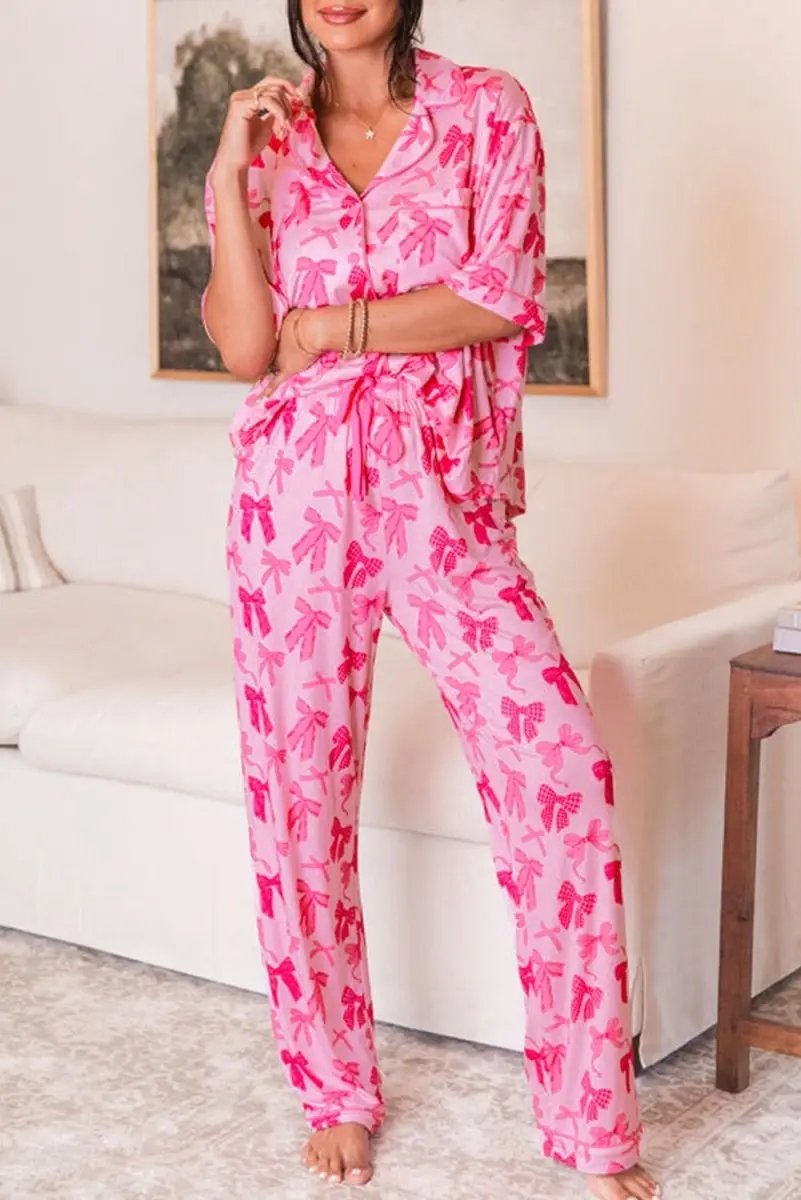 Pink Bow Knot Print Lapel Collar Short Sleeve and Pants Pajamas Set - Love Salve 